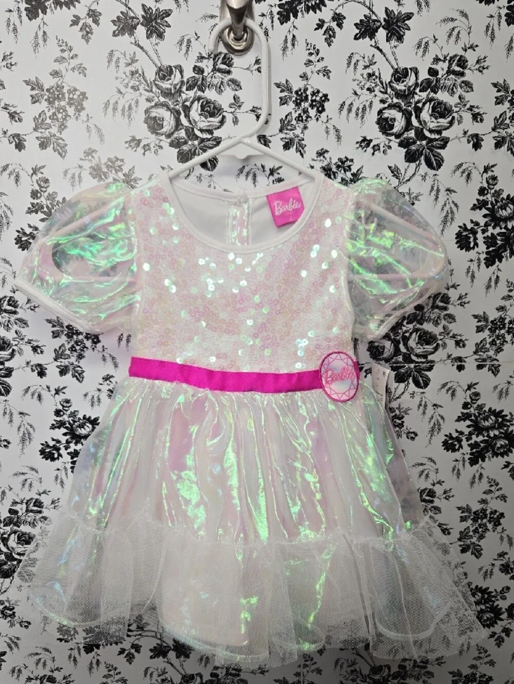 Barbie Iridescent White and Pink Tulle Dress with Hot Pink Sash